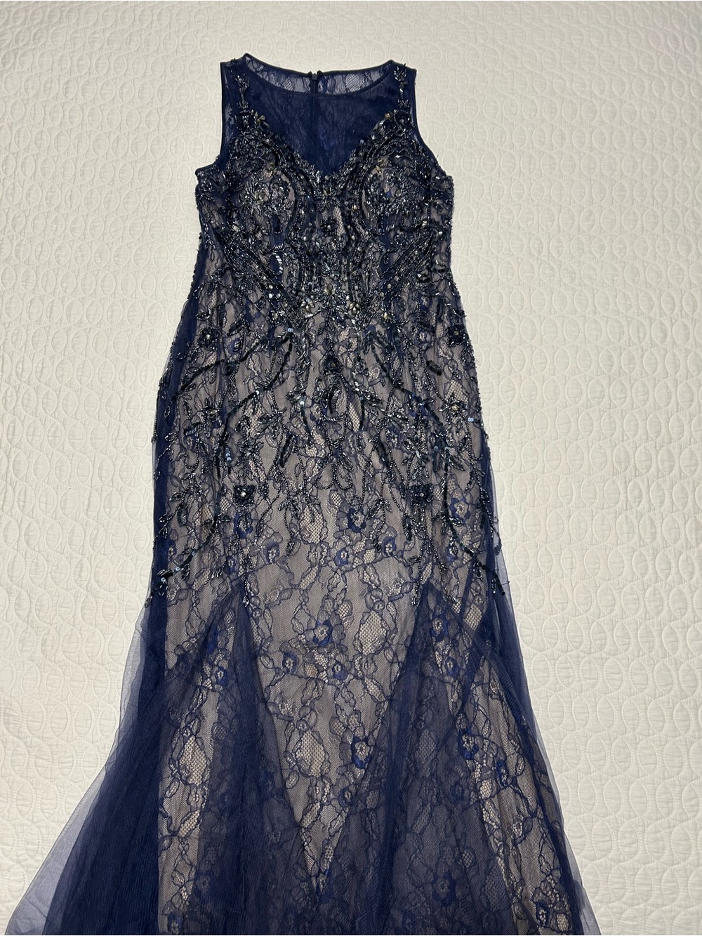 Navy Beaded Lace Evening Gown